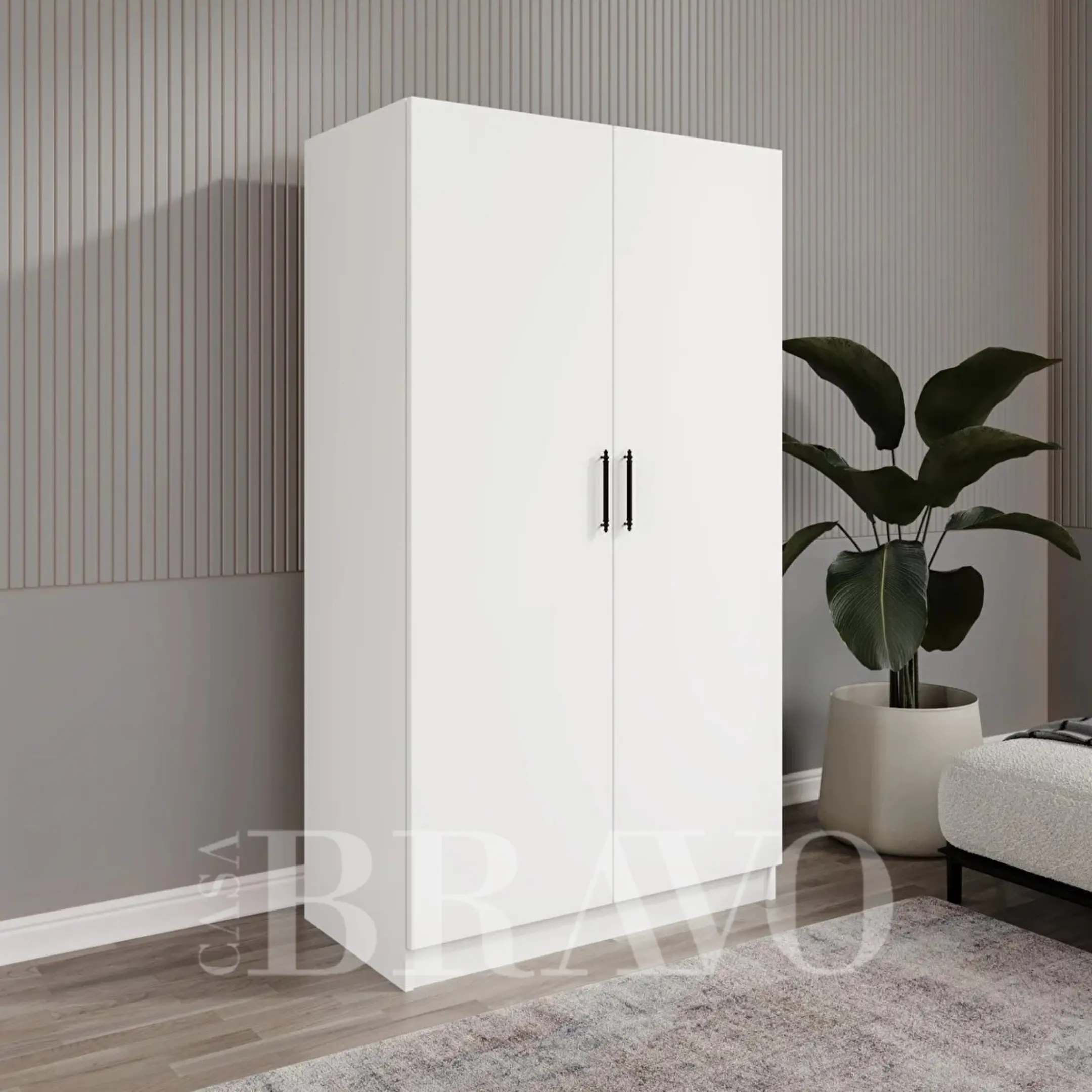 Modern 2-Door Wardrobe with Shelves & Hanging Space – White FinishSize L80*H200*D60 Cm