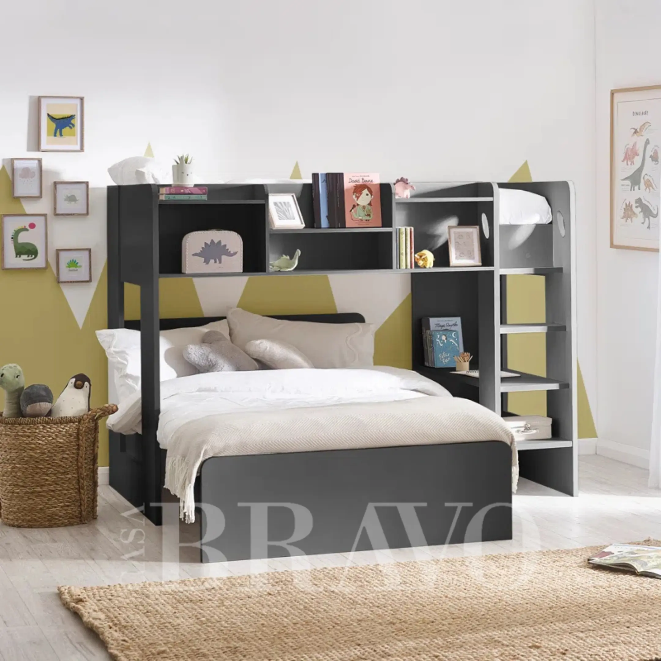 Modern wooden bunk bed set - open design, space-saving, for children, 90x200 cm