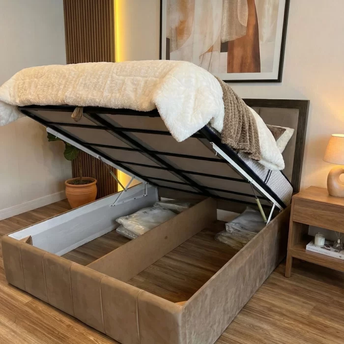 Maison Fabric & Wooden Bed With Storage