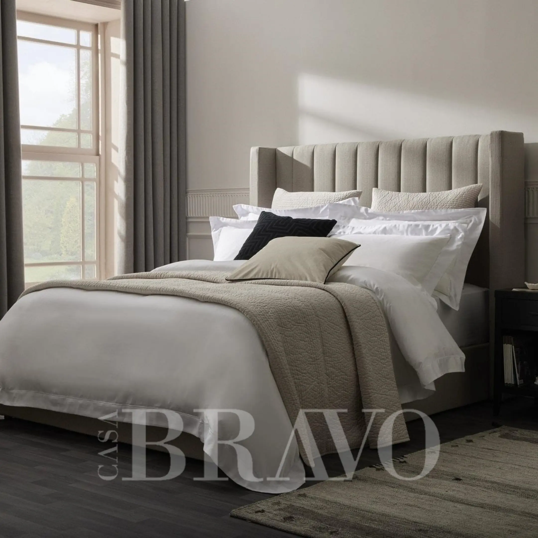 CalmaLuxe Bed – Neutral Harmony with Sculpted Elegance