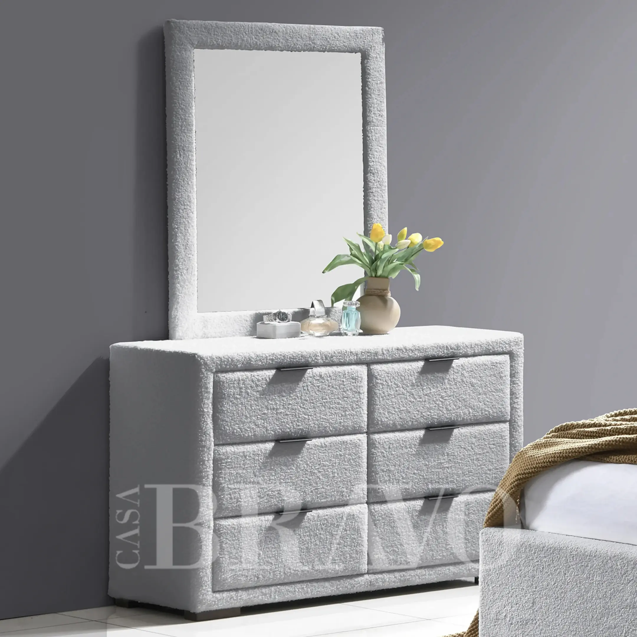 Upholstered wardrobe with mirror | Six-drawer fabric storage box for bedroom