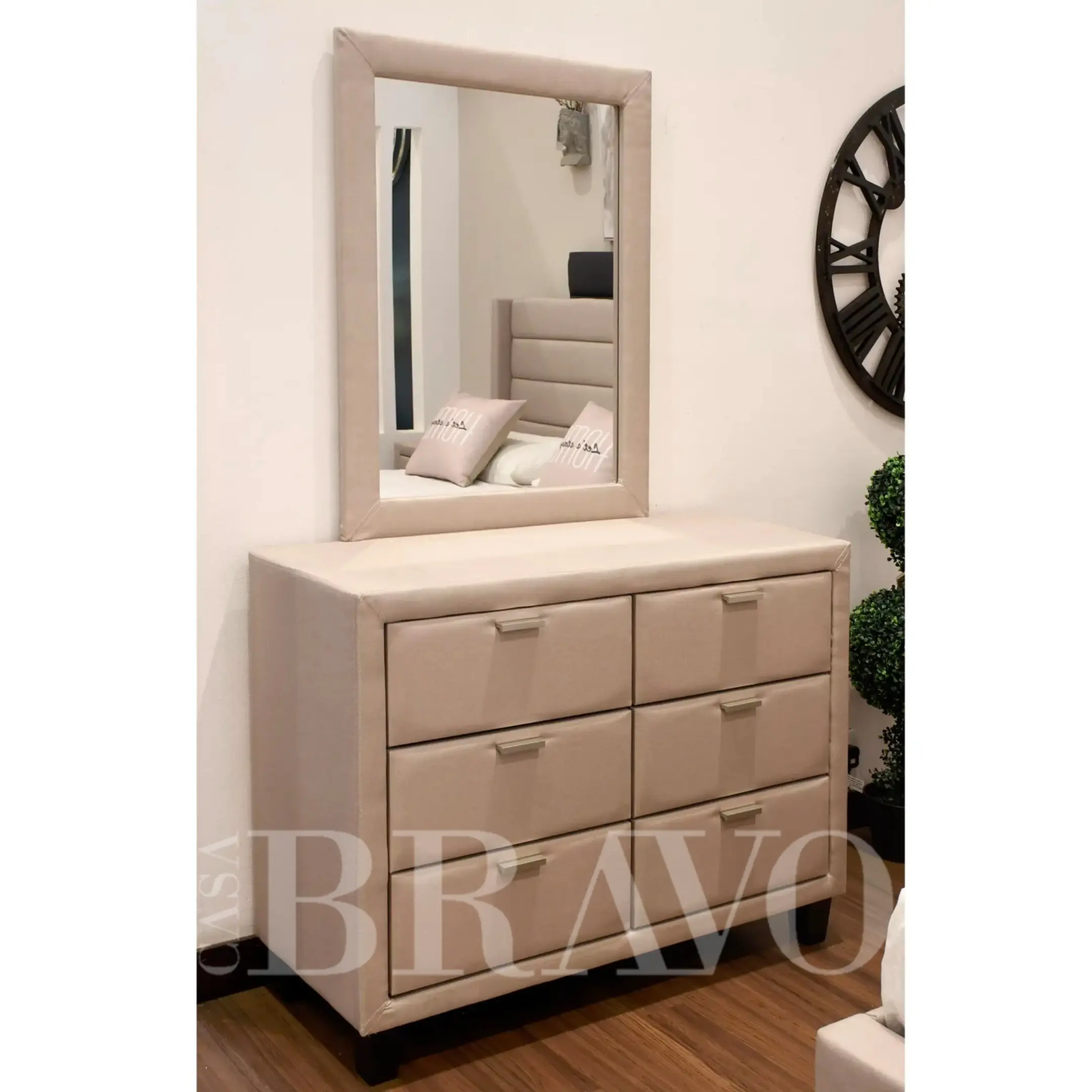 Upholstered wardrobe with mirror | Six-drawer fabric storage box for bedroom