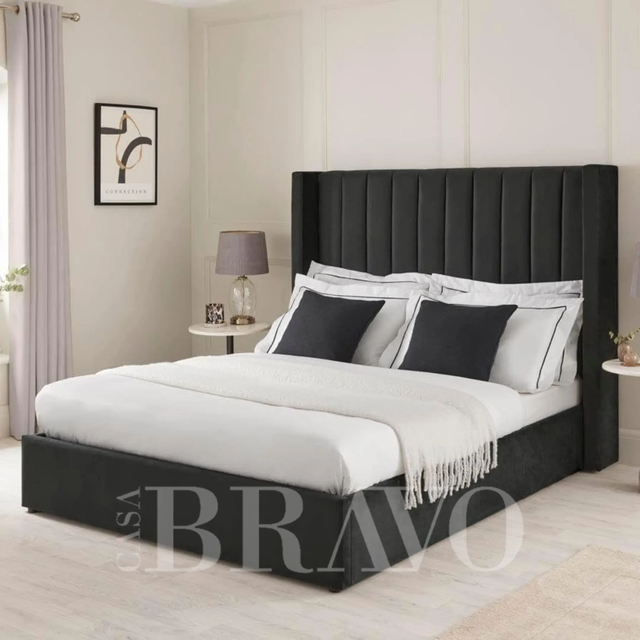 NoirNest Bed – Monochrome Luxury with Sculpted Comfort