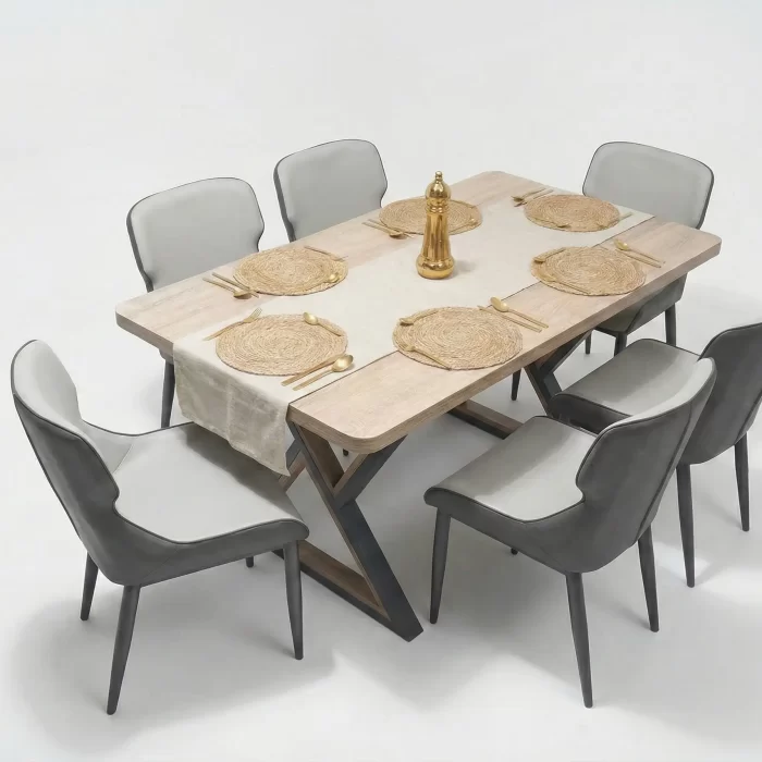 6-Seater Dining Table Set with Geometrical Metal Base with wooden  – Modern, Practical & Elegant