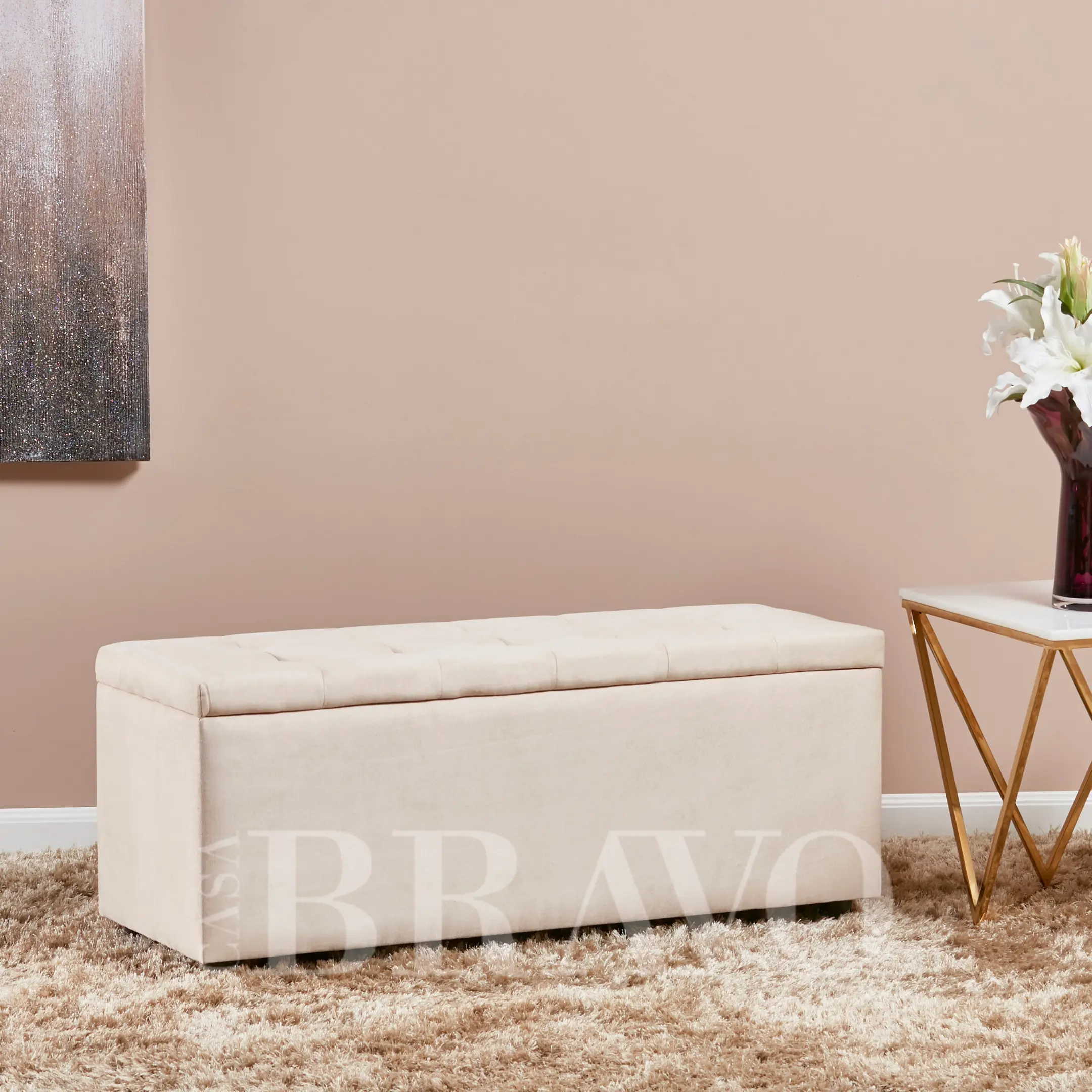 Modern Storage Bench  – White Upholstered Ottoman Bench
