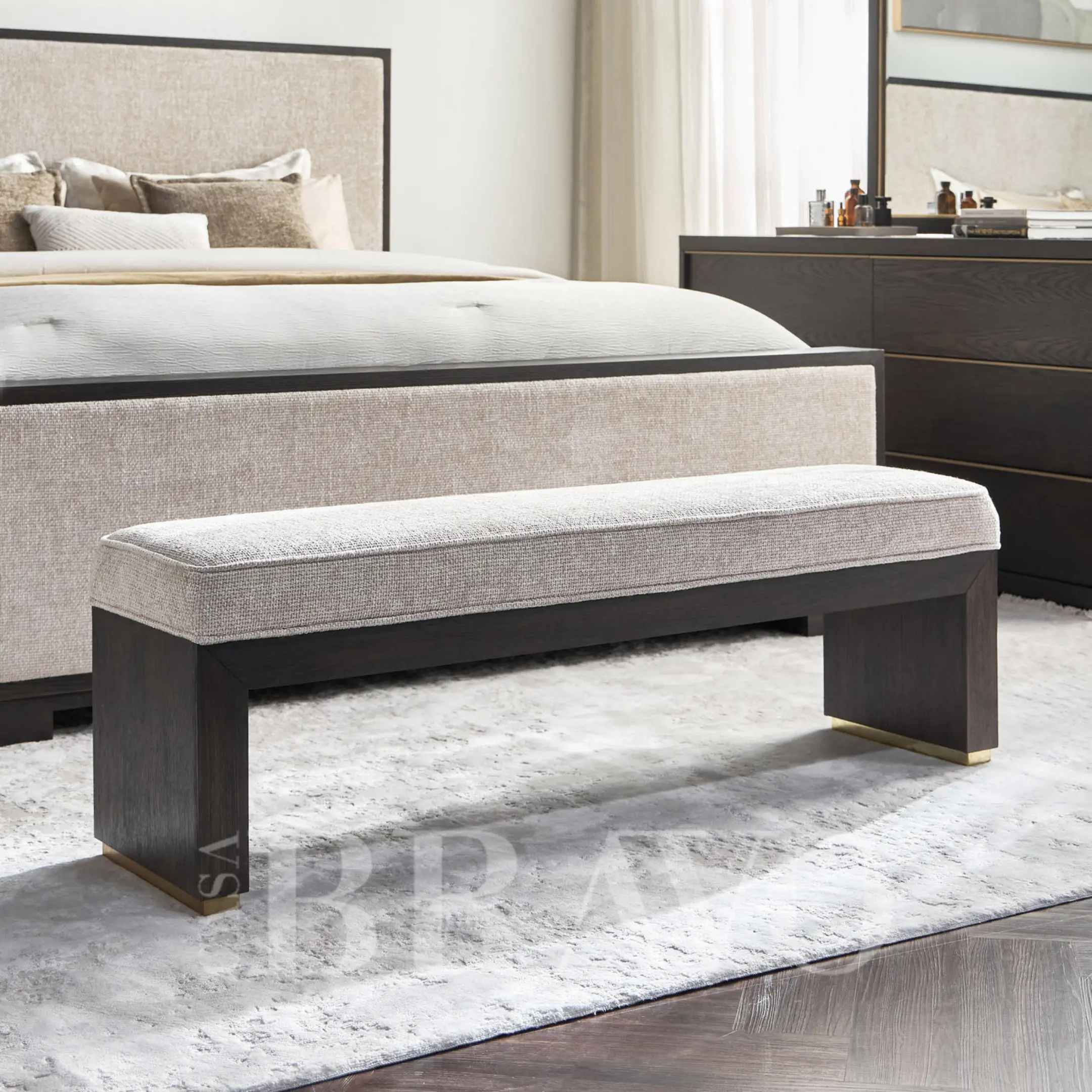 Modern Upholstered Bench with Wooden Base and Golden Accent