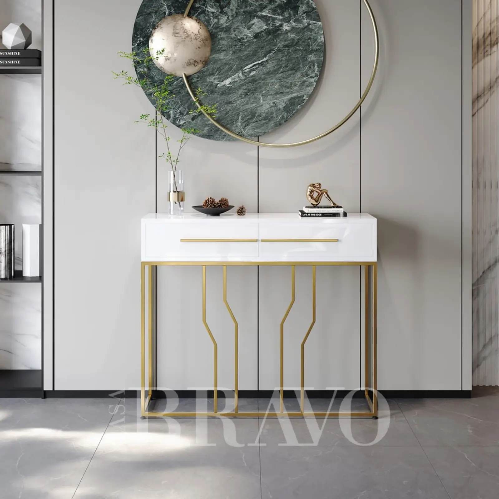 Modern white and gold console table - high-density wood tabletop with metal frame