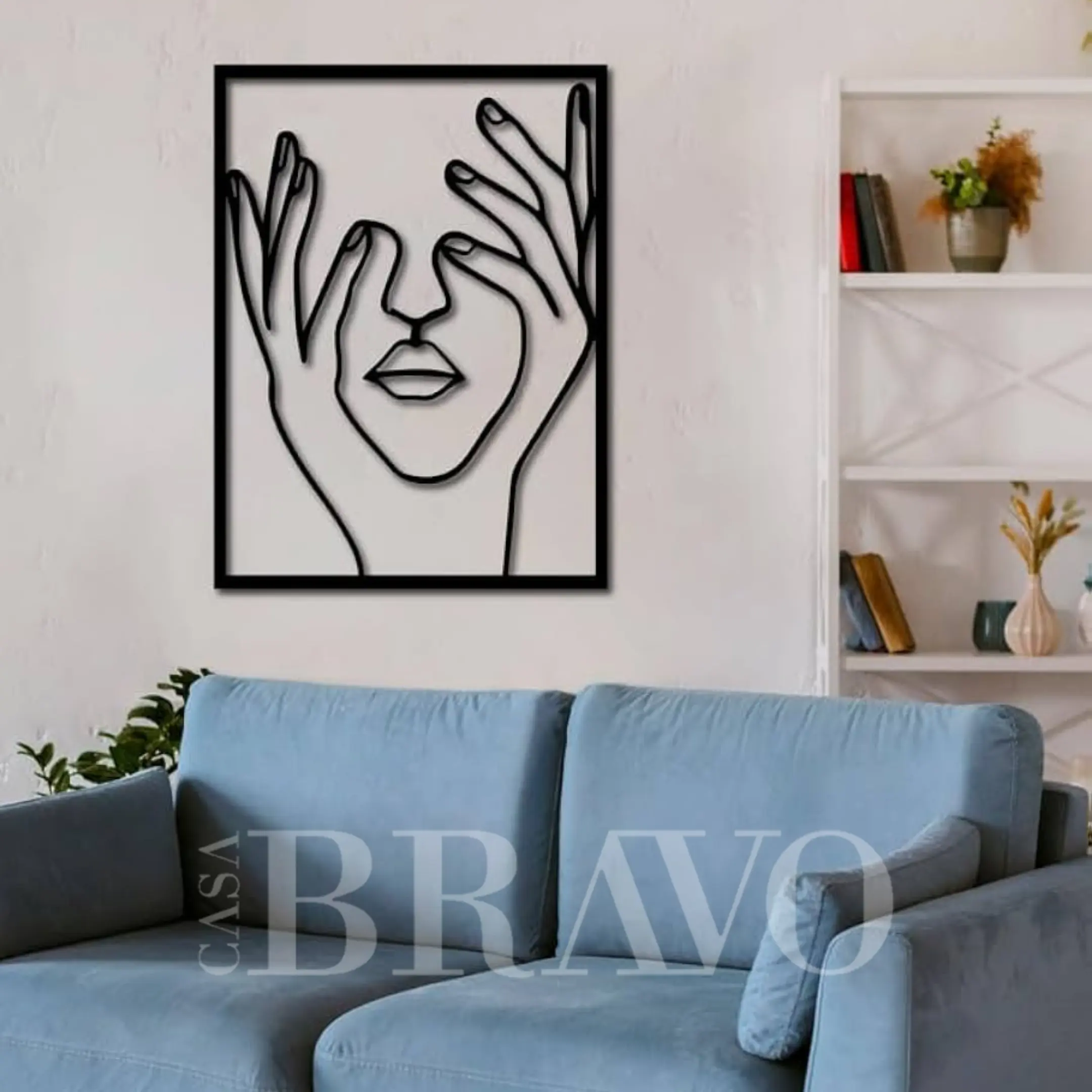 Abstract Face Line Art MDF Wall Decor - Modern Minimalist Hands Covering Eyes Sculpture