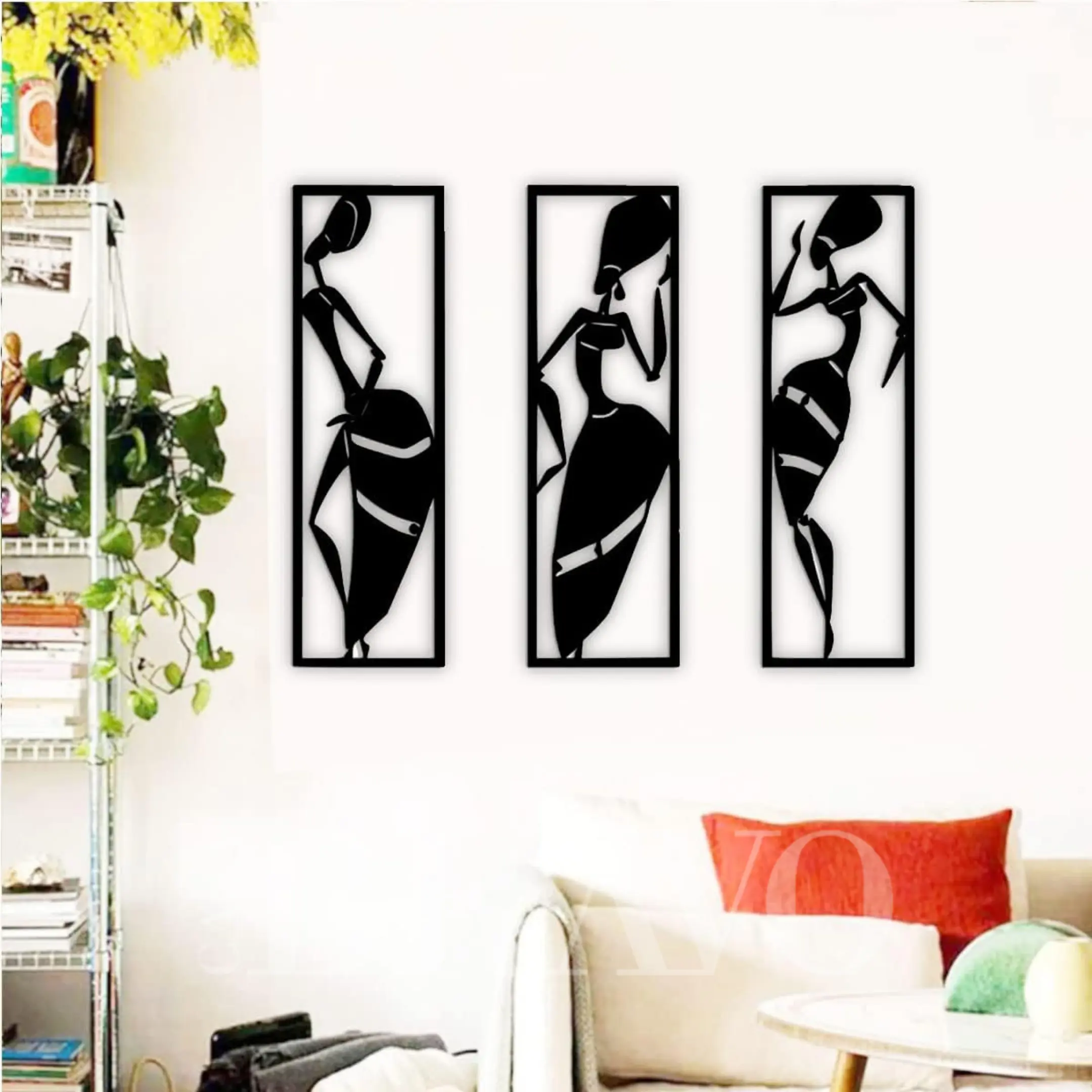 African Woman MDF Wall Art Set of 3 - Modern Tribal Silhouette Wall Decor Panels