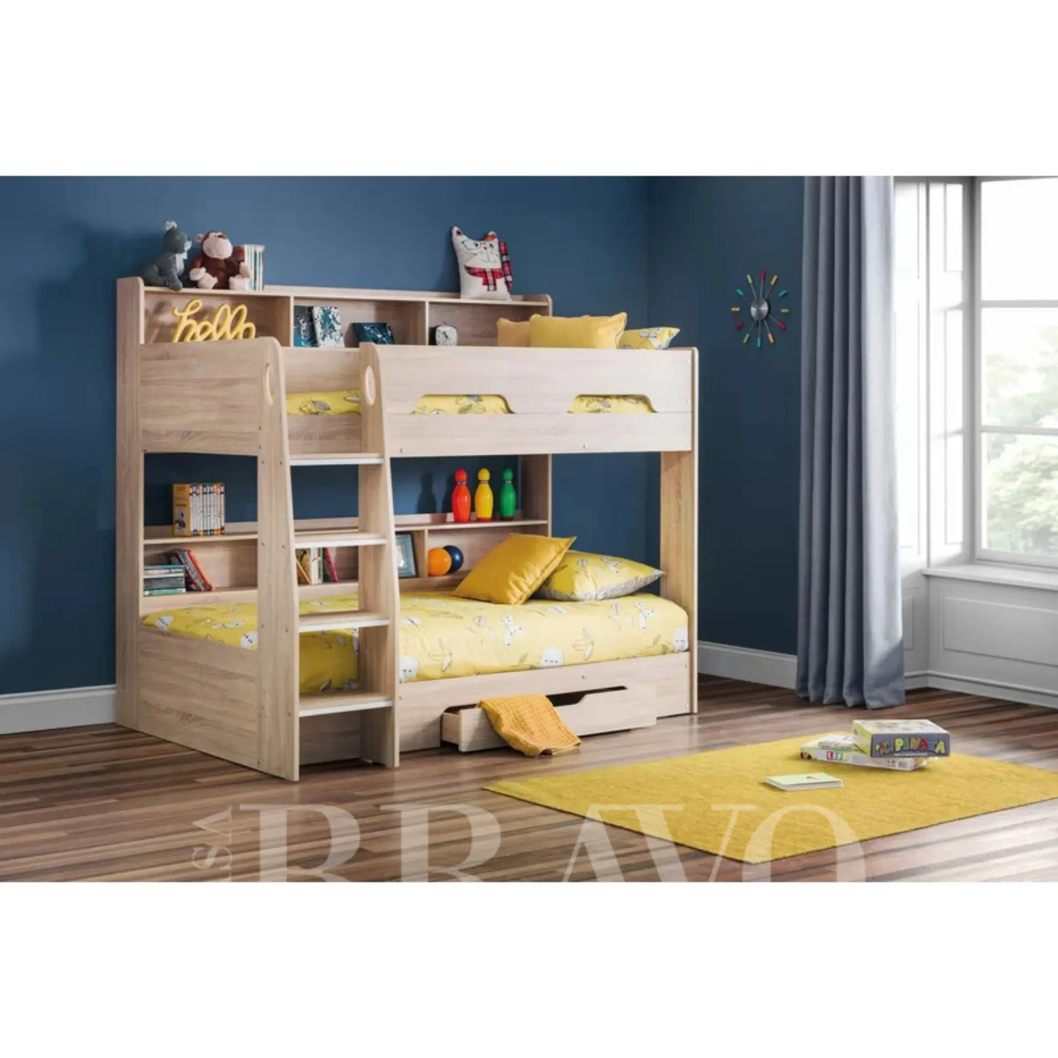 Modern white bunk bed with storage drawer and shelves - 90x200 cm