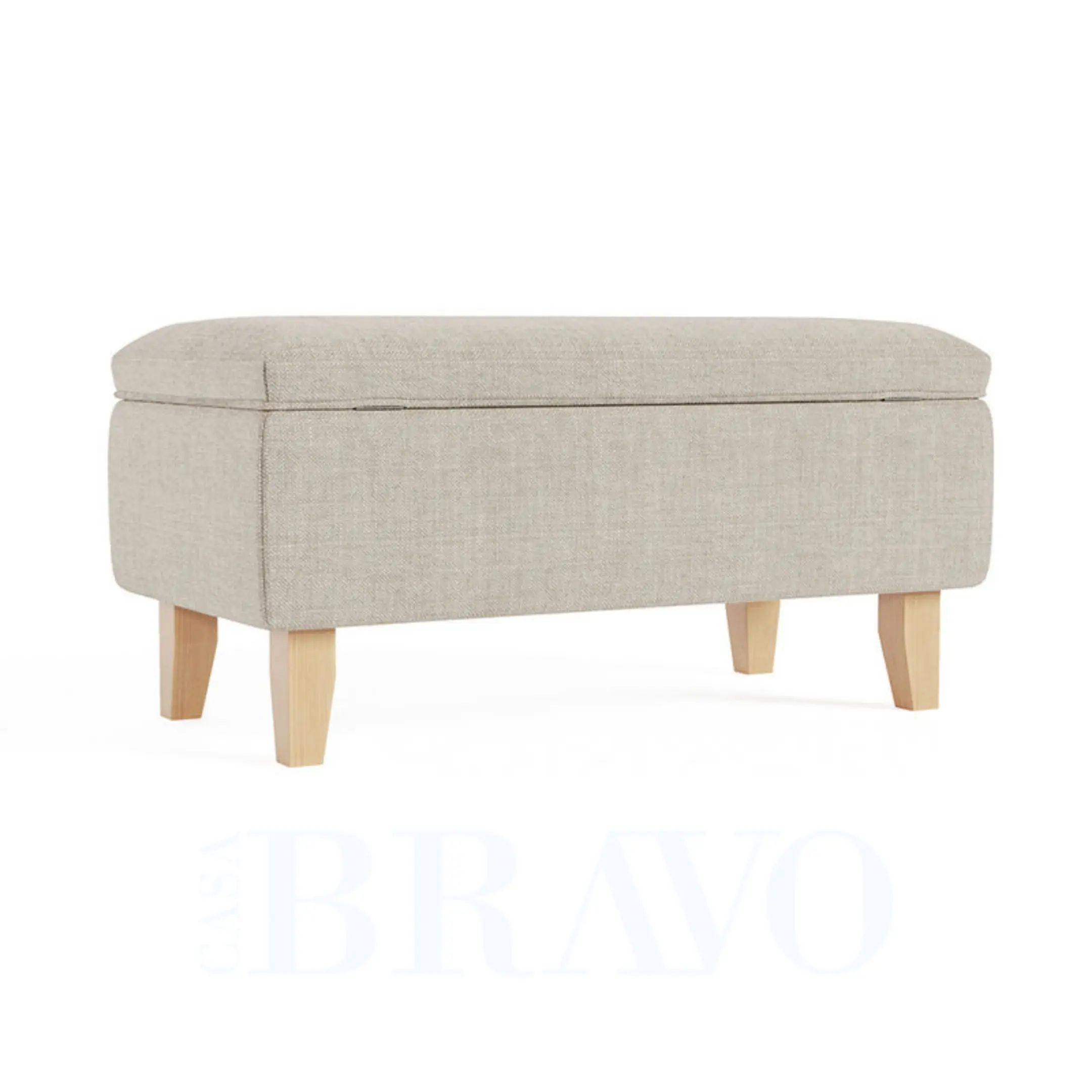Beige Storage Bench with Wooden Legs – Modern Upholstered Ottoman for Bedroom & Living Room