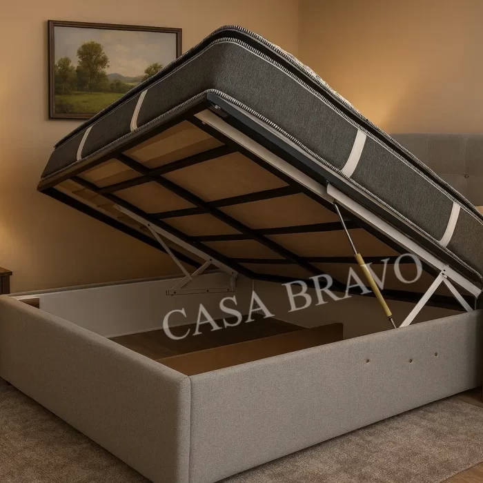 High-quality, practical bed frame: Soft bed with a hydraulic storage mechanism