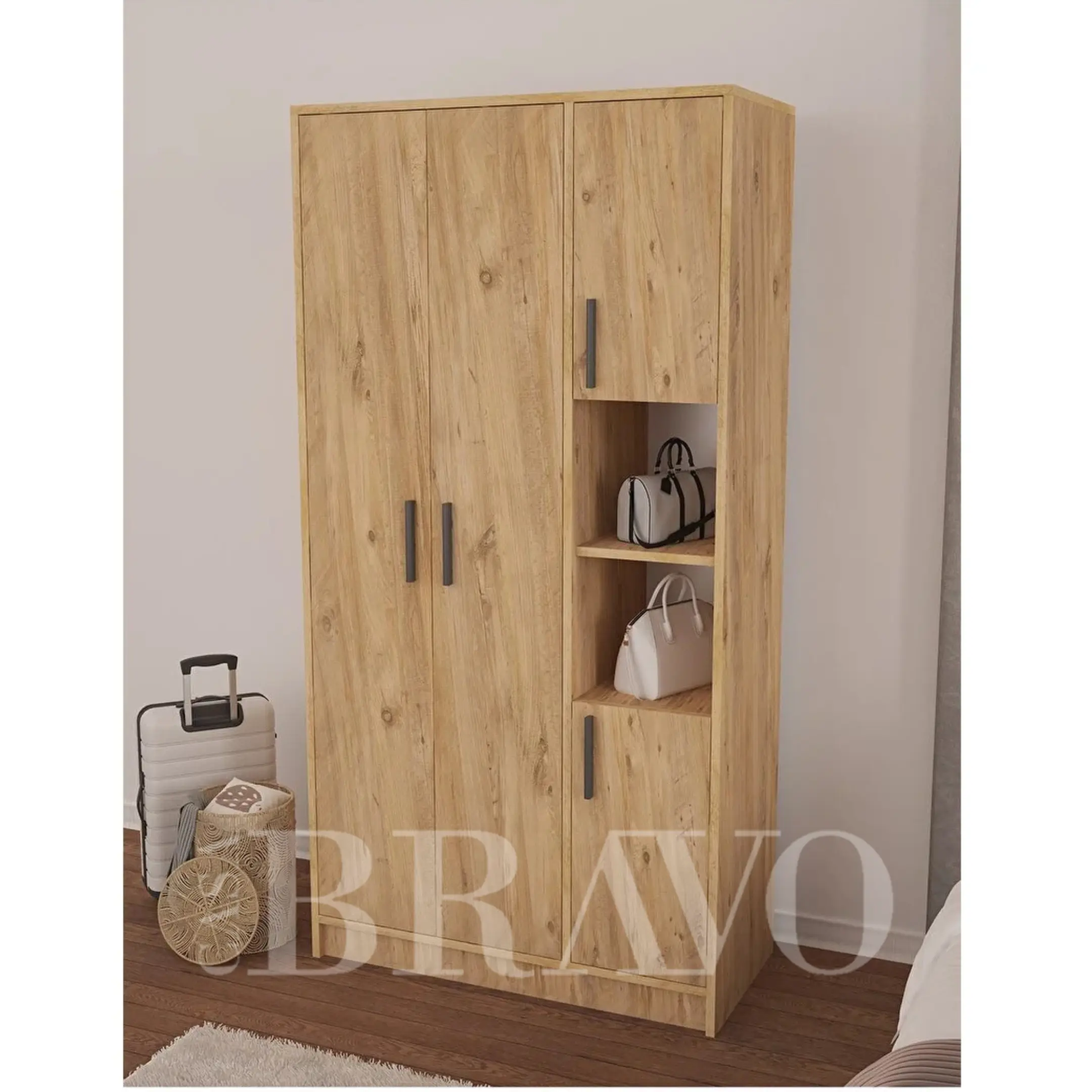 Modern 3-Door Wooden Wardrobe with Open Shelves – Natural Oak Finish